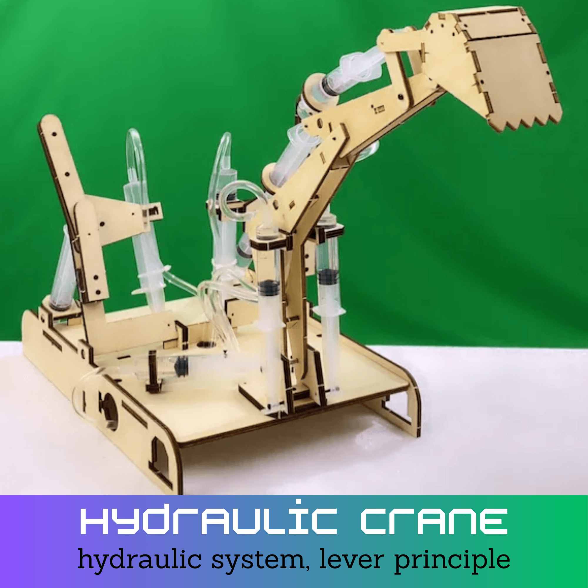 Werkende hydraulische graafmachine gemaakt met spuiten, workshop over het hefboomprincipe