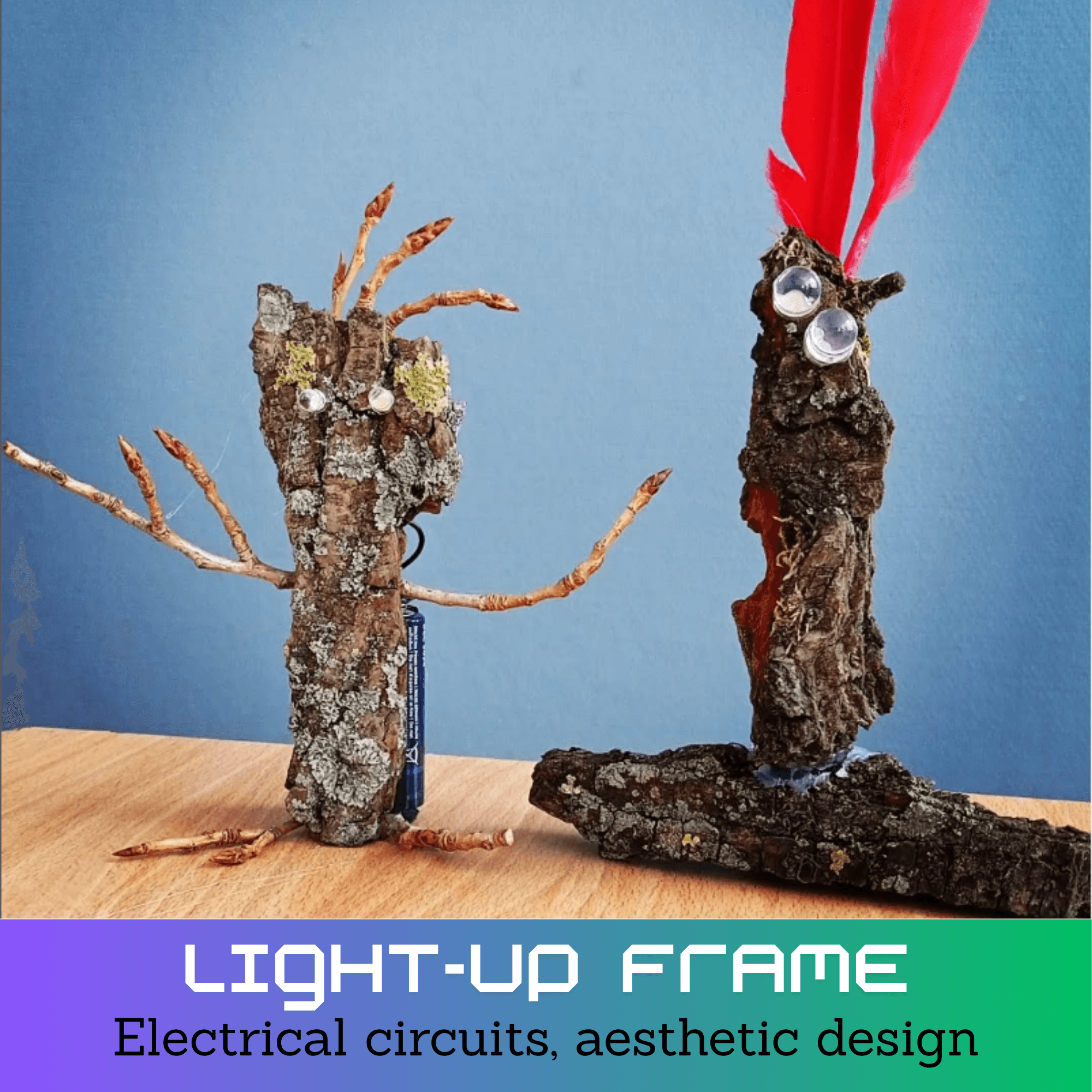 Figuren van boomschors en takjes met lichtgevende ogen, workshop elektrische circuits en kunst