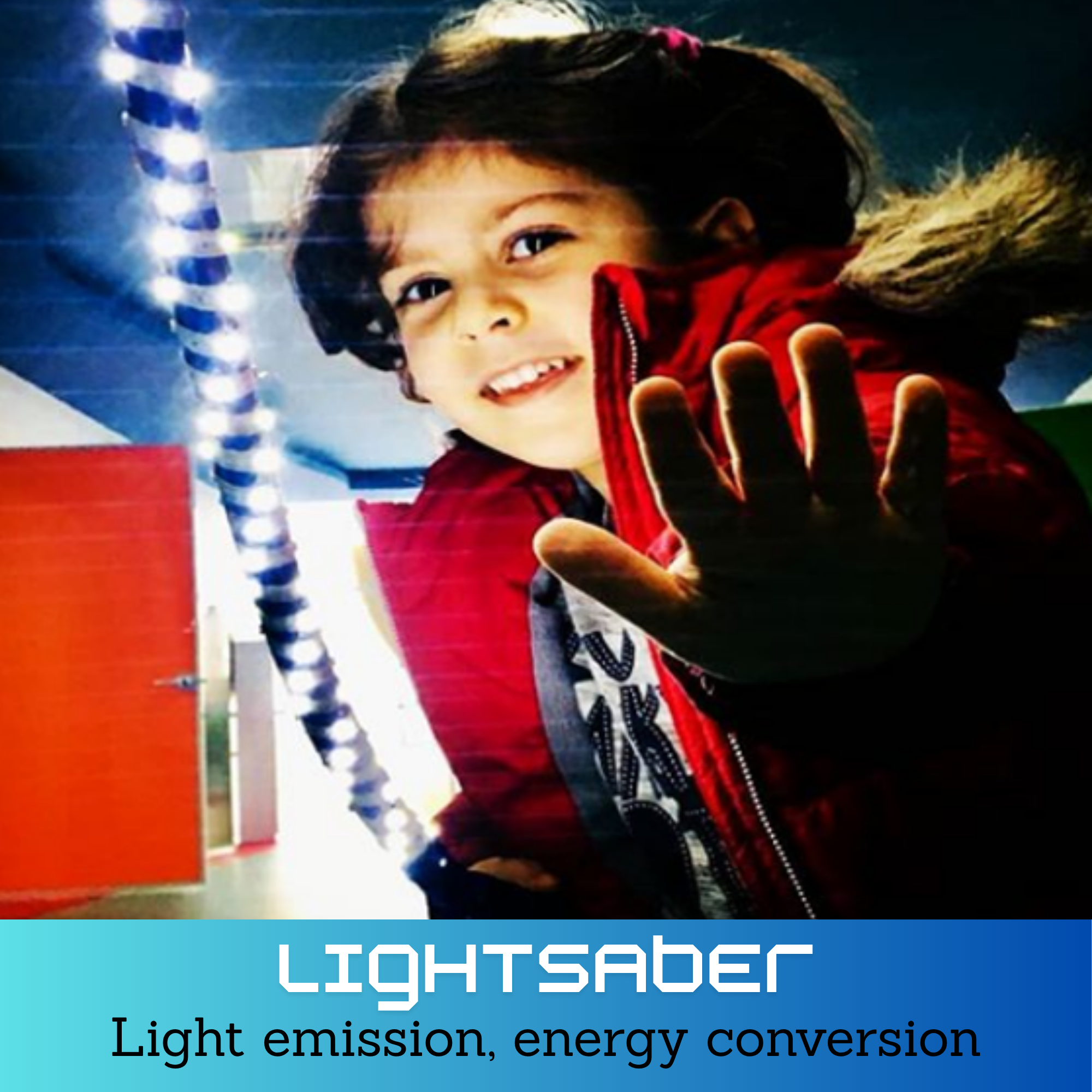 Kind met een zelfgemaakt lichtgevend lichtzwaard, workshop over lichtemissie en energieomzetting