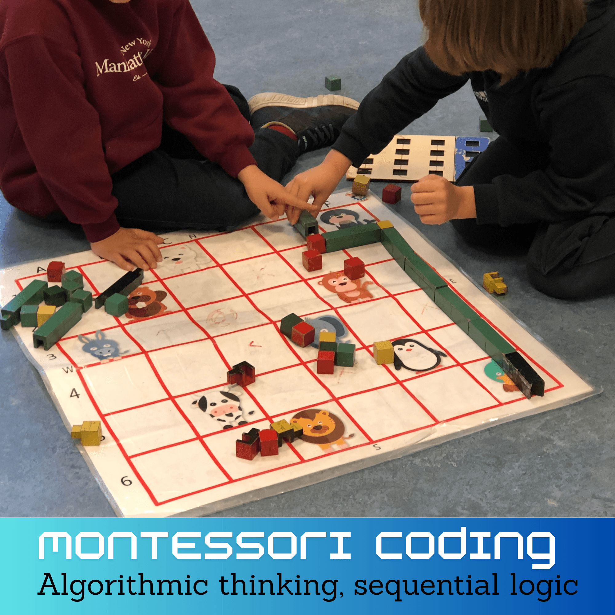 Kinderen leren algoritmisch denken met een Montessori-codeerspel op een dierenraster